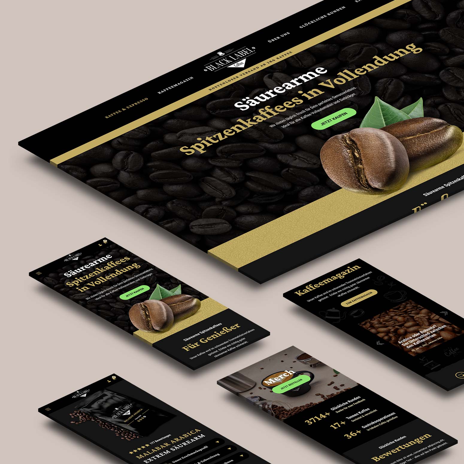 Isometrische Darstellung der Webseite von Black Label Coffee