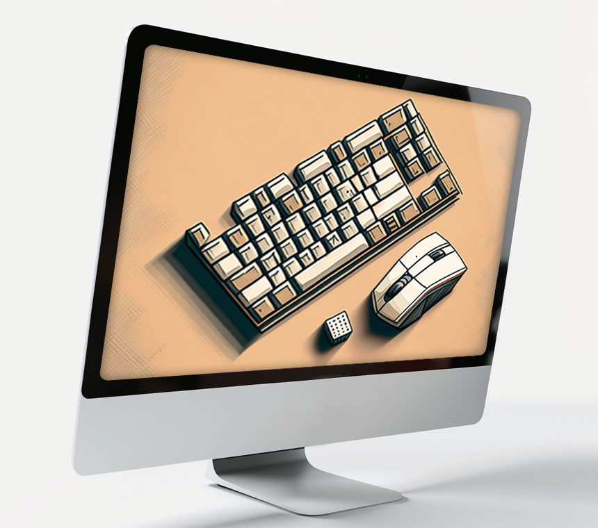 Artwork eines iMac mit Tastatur und Maus